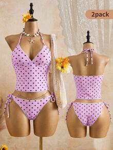 Swim Mod Vacation Beach Polka Dot Print Tankini Set - Pink - View 9