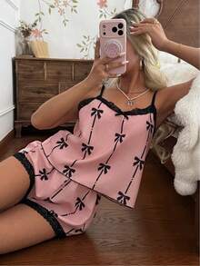 CottageSlumber Bow Print Bubble Crinkle Contrast Lace Trim Cami Top And Shorts Pajama Set - Multicolor - View 6