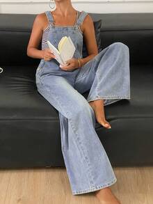 DAZY Distressed Washed Faded Loose Wide Leg Casual Streetwear Autumn Women's Denim Overalls And Jumpsuits Formal Party Black Blue - Blue - View 6