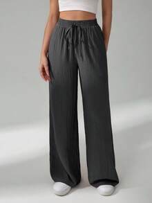 SHEIN Tall 女款純色抽繩腰休閒百搭日常穿著長褲 - 深灰色 - 查看 1