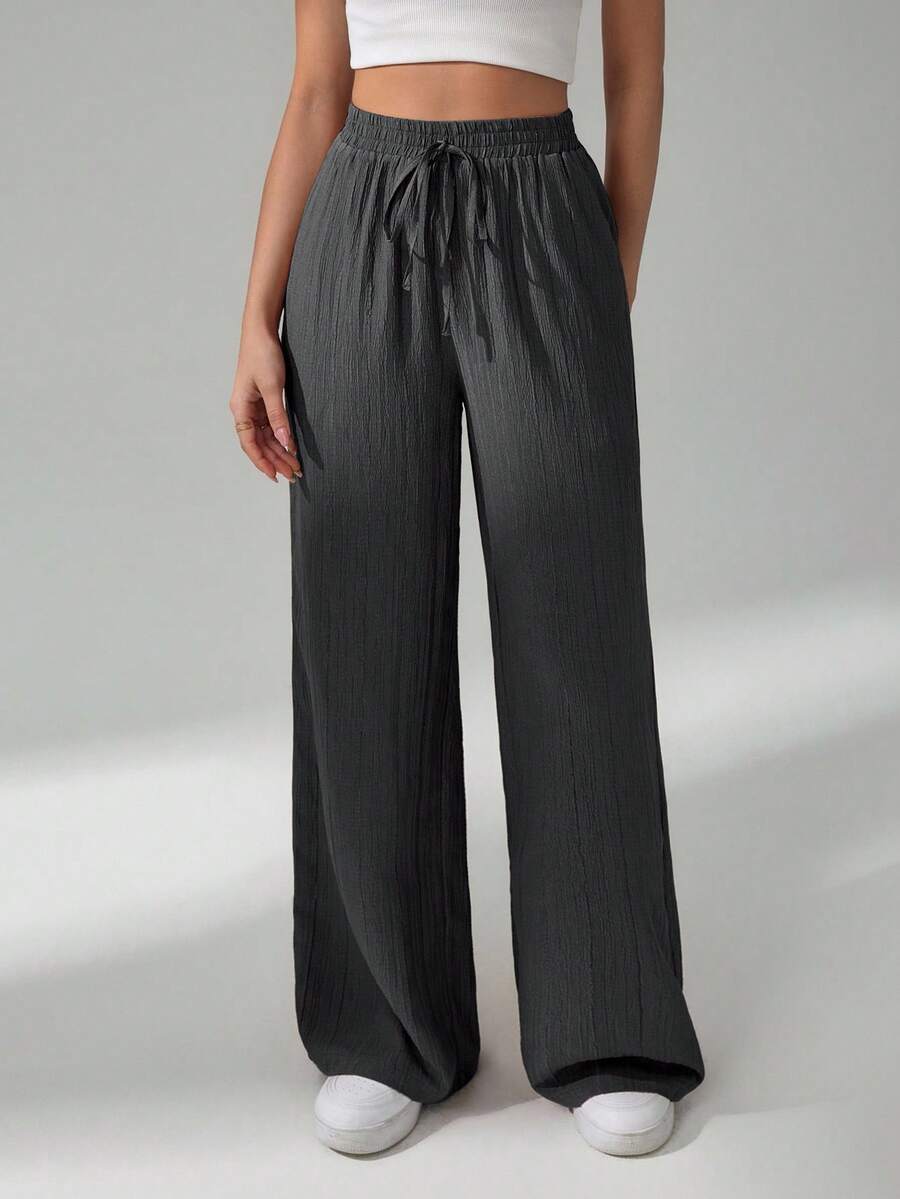 SHEIN Tall 女款純色抽繩腰休閒百搭日常穿著長褲 - 深灰色 - 查看 1