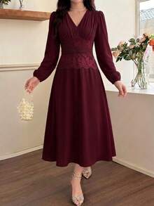 Feyla Women's Pleated Lace Patchwork Elegant Dress - Burgundy - View 7