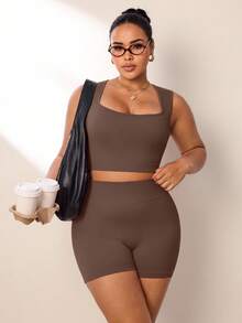 SHEIN Rhythm Era 2pcs Women Plus Size Ribbed Seamless U-Neck Sports Tank Top And Shorts Set, Yoga Outfit High Waist High Stretch 3/4 Length Shorts Set - Rust Brown - View 3