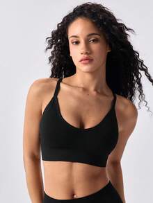 Loungeista Seamless Knitted Ribbed Sexy Wireless Bra For Women, Criss-Cross Strap Backless Sports Bra - Black - View 6