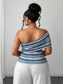 Maweii Plus Size Women's Summer Vacation Beach Blue And White Striped Knit Top Asymmetrical Shoulder Design Fitted Sleeveless Casual Western - Multicolor - View 3