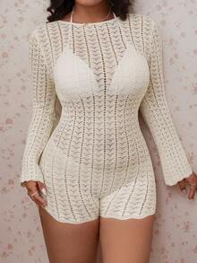 CovetEZ Plus Size Hollow Mesh Backless Fitted Jumpsuit, Beach Vacation Vacation White Autumn Elegant Winter - Beige - View 1