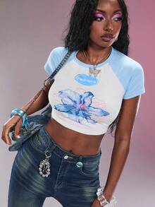 Modviera 2026SS Koleksi Terbaru Y2K Retro Motif Bunga Kaos Lengan Pendek Crop untuk Wanita Kencan Sehari-hari Putih Motif Bunga Musim Panas - MultiWarna - View 7