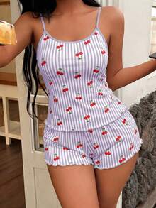 Softscene 女款條紋櫻桃印花細肩帶背心短褲睡衣套裝 - 彩色 - 查看 6