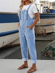 Breezaya Women's Pocket Button Front Denim Overalls - Blue - View 9