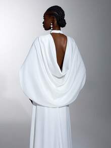 Elitara Elegant Women's Minimalist White Halter Neck Stand Collar Backless Floor-Length Mermaid Formal Evening Gown For Wedding Party - White - View 4