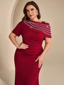 Coutiva Asymmetric Neck Short Sleeve Ruched Beaded Elegant Slim Sexy Mermaid Long Formal Evening Gown Plus Size Heavy Workmanship Wedding Dinner Red Spring - Burgundy - View 5