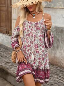 Brillora Women's Floral Print Off-Shoulder Spaghetti Strap Mini Dress For Vacation And Casual Wear - Multicolor - View 5