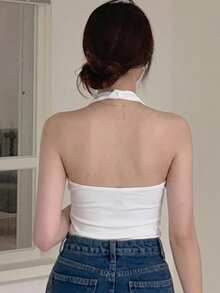DAZY Summer Sexy Solid Color Cowl Neck Backless Halter Top - White - View 6