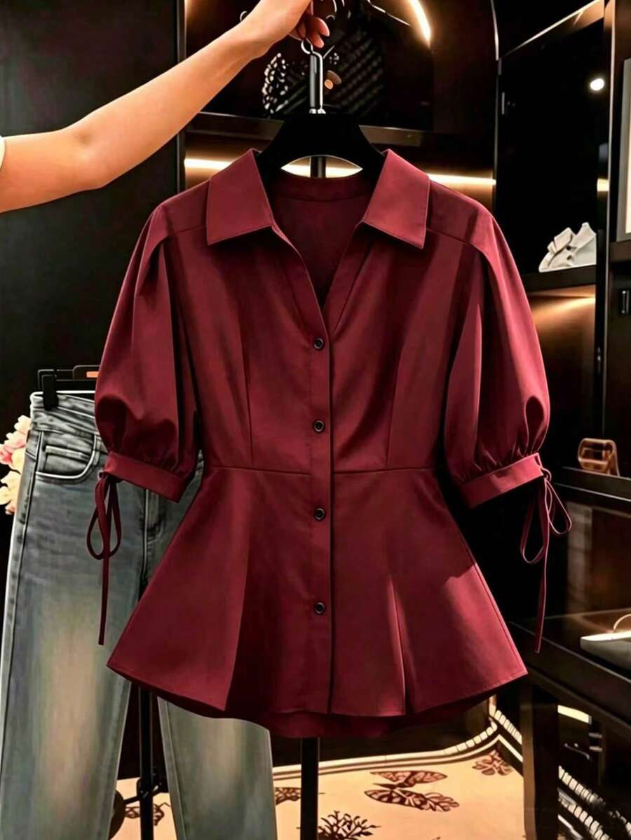 Franclia 優雅短袖T恤上衣,修身收腰、遮肚澎澎袖女款上衣 - 酒紅色 - 查看 1
