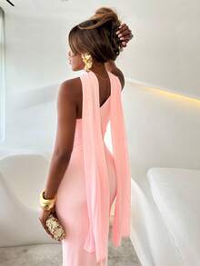 Mariisbox Asymmetric Ruched Bodycon Mesh Dress, Elegant Sexy Formal Gown For Party, Wedding, Birthday, Christmas, Halloween - Light Yellow Summer - Baby Pink - View 5