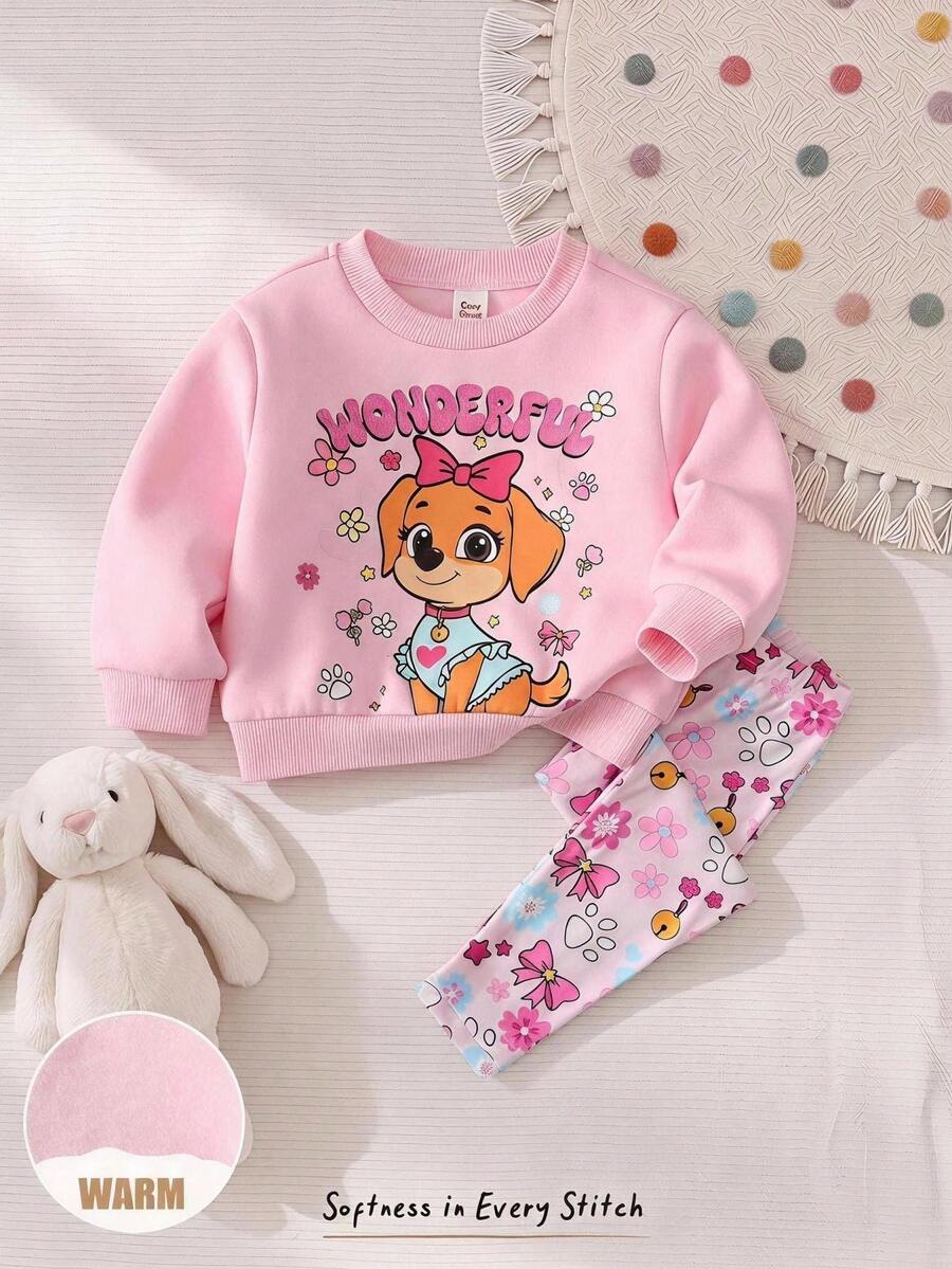 Cozy Pixies 女童嬰兒可愛狗狗圖案圓領長袖套頭衛衣與花朵蝴蝶結圖案鬆緊腰長褲2件套,舒適百搭時尚休閒極簡基礎款,適合室內、戶外、滑雪、日常穿著、運動、玩耍、假期派對,適用秋冬多種場合 - 彩色 - 查看 1