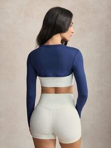 Activina Solid Color Crew Neck Tight Cropped Long Sleeve Athletic T-Shirt - Blue - View 2