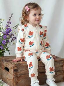 SHEIN Vintaside Kids 復古花卉印花棒球領拉鍊荷葉邊長袖上衣褲套裝，甜美休閒運動衫套裝 - 杏色 - 查看 3