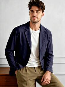 Core Aspect Chaqueta Blazer Casual de unicolor Ajustada con Bolsillo para Hombres para Desplazamiento Diario y Oficina - Azul Marino - Ver 3