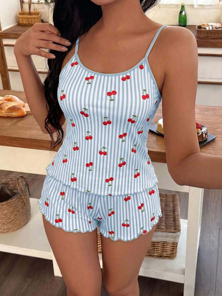 SHEIN Women's Striped Cherry Print Cami & Shorts Pajama Set - Multicolor - View 1