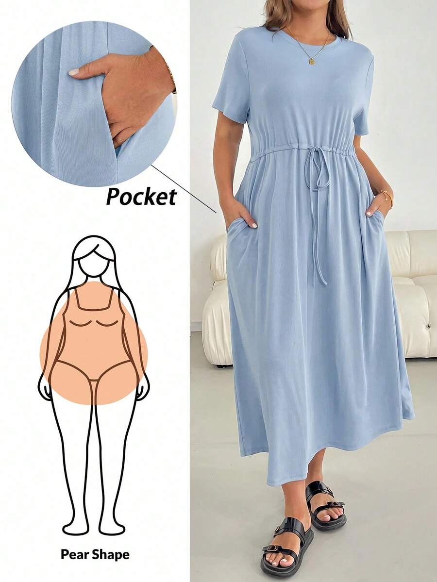 SHEIN Essnce 大尺碼女款休閒短袖黑色夏季度假洋裝 - 天藍色 - 查看 1