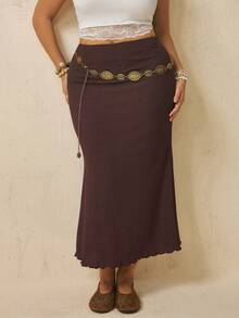 Levarali Plus Size Women's French Retro Elegant 1950s Vintage 80s 1920s Casual Brown Textured High Waist Mermaid Skirt Flared Midi Autumn Party Vacation Office - Coffee Brown - View 3