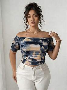 SHEIN Clasi Plus Size Tie-Dye Short Sleeve T-Shirt With Off Shoulder Neckline And Side Ruched Detail - Multicolor - View 3