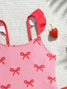 SHEIN Young Girls Striped Bow Print One-Piece Swimsuit Cover-Up Skirt - Red - View 3