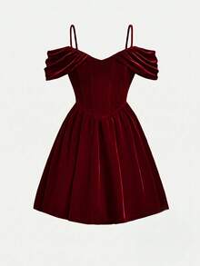 SHEIN 青少年女孩红色优雅天鹅绒露肩无袖褶皱腰飘逸连衣裙 - 酒紅色 - 查看 5