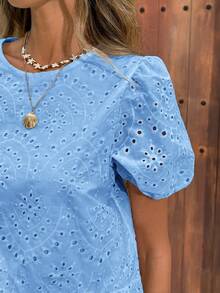 SHEIN LUNE 女款休閒刺繡夏季度假/通勤日常基本款時尚外套，泡泡袖短袖收腰可愛襯衫 - 藍色 - 查看 3