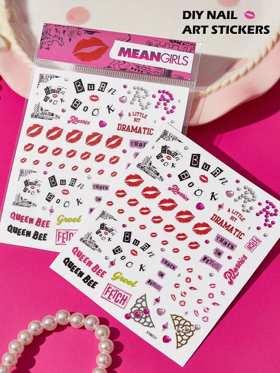 Mean Girls | SHEIN 1件裝卡通亮面水鑽裝飾貼紙,可自由裁剪與疊層,適用於美甲、水杯、文具、手帳等,免烘烤,金箔水鑽防水DIY,Burn Book風格 - 彩色 - 查看 1