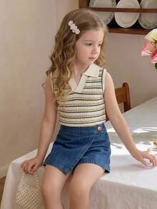 SHEIN Genkimix Kids 2件組少女 Polo 領條紋針織上衣與牛仔裙褲，返校穿搭套裝 - 彩色 - 查看 4
