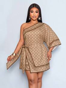 SOLERSUN "Ladies' Plus Size Casual Elegant Asymmetrical Neckline Half Sleeve Bowknot Printed Bat Sleeve Mini Dress, With A Light Luxury Retro Style, Suitable For Daily Commuting, Outings, Quiet Luxury Vacations, Holiday Costumes, Dates And Other Scenes " - Khaki - View 6