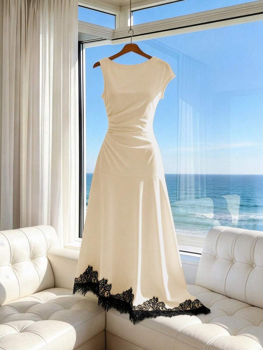 SHEIN Franclia Beige Women's Mid-Length Dress With Black Lace Decor And Ruched Waist - Apricot - View 1