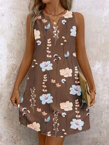 EMERY ROSE Women's Fashion Printed Sleeveless Dress (Asymmetric Floral Pattern) - Khaki - View 5