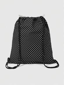ROMWE Anime Mochila simple negra con lunares y cuerda para tirar, decoración de insignia de ala de estrella en el lateral con bolsillo de cremallera transparente, adecuada para ir a la escuela y desplazarse - Estrella de lunares - Ver 6
