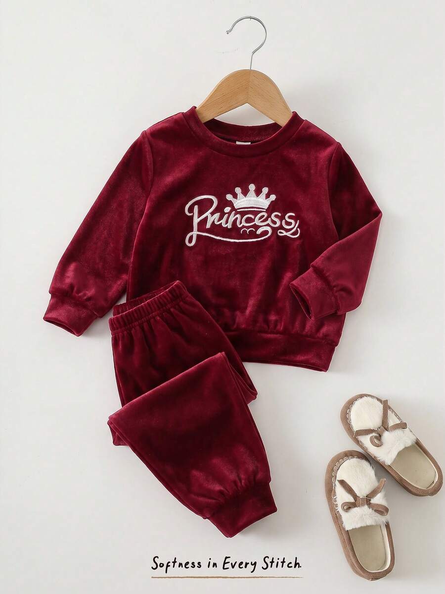 Cozy Pixies 女嬰字母皇冠刺繡天鵝絨圓領長袖套頭衛衣與彈性腰長褲2件套幼兒女童服飾,舒適百搭時尚可愛休閒簡約基礎款,適合秋冬室內、戶外、滑雪、開學、日常、運動、玩耍、派對、節慶等多種場合 - 酒紅色 - 查看 1