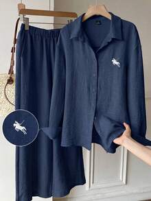 SHEIN EZwear 海軍藍編織騎士刺繡休閒長袖襯衫與長褲套裝 - 藏蓝色 - 查看 5