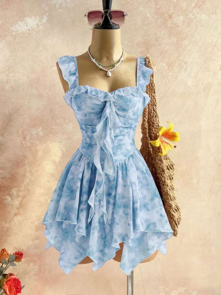 SHEIN Unity 女款夏季度假夢幻浪漫優雅洋裝,飾有層次荷葉邊飾,不對稱魚尾下擺設計,適合約會、聚會、節慶、下午茶與生日場合 - 藍色 - 查看 1