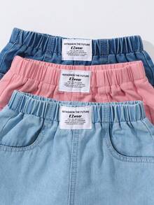 Genkimix Kids 女童牛仔短褲，夏季新品，休閒可愛風，淺藍/中藍牛仔/粉色多色，夏季度假海灘週末，彈性腰帶簡單貼標，寬鬆直筒版型，日常百搭，嬰兒日常出遊度假穿搭，夏季牛仔百搭出遊風 - 彩色 - 查看 3