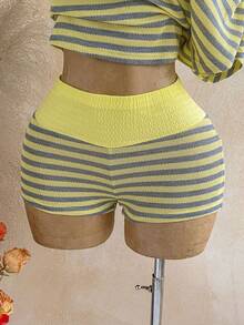 Soleia Plus Size Women's Striped Colorblock Asymmetrical Shoulder Top And Casual Sexy Shorts 2-Piece Set Beach Vacation Yellow Summer - Yellow - View 6