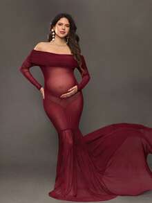 Cheriluna Maternity Gaun Fotografi Kehamilan, Gaun Maxi Tulle Lengan Panjang Tanpa Bahu dengan Potongan Pas Badan dan Hem Ekstra Panjang - Burgundy - View 5