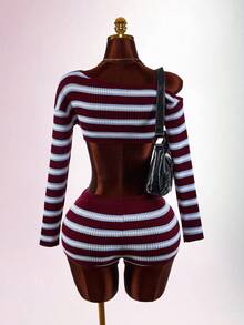 Amplova Women's Vintage Asymmetrical Neck Mini Super Short Knitted Striped Set For Home Party And Back To School - Blue - View 14