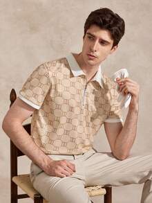 Courvante Men Summer Casual Color Block Geometric Printed Short Sleeve Polo Shirt, For Golf - Apricot - View 8