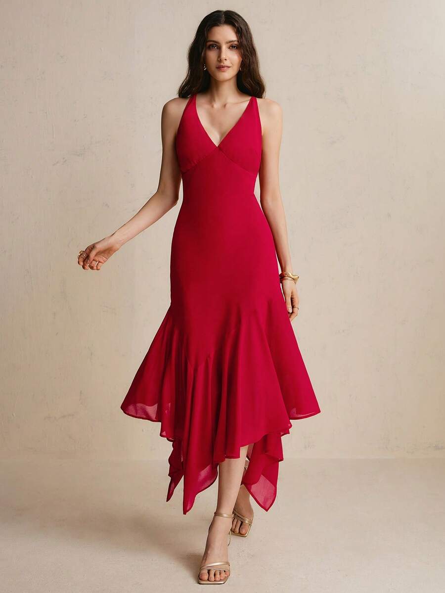 COSMINA Women's V-Neck Asymmetric Hem Dress, Minimalist Red Dress, Elegant Flowy Midi Dress, Red Dress, Elegant Dress, Y2k Dress, Holiday Dress, Summer Dress - Red - View 1