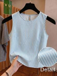 GlowEve CURVE Plus Size Women's Summer Fashion Elegant Commute Round Neck Sleeveless Striped Blouse Shirt - Blue and White - View 9