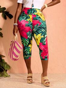 EMERY ROSE Plus Size Women's Tropical Plant Print 3/4 Length Leggings For Vacation Summer Spring Clothing Beach Outfits For Women Vacation Outfits - Multicolor - View 4