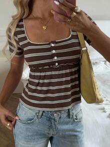 CovetEZ Brown Striped Casual Cute 90s Themed Women's Square Neck Short Sleeve Button Design T-Shirt Everyday Date Everyday Summer Travel Holiday - Brown - View 10