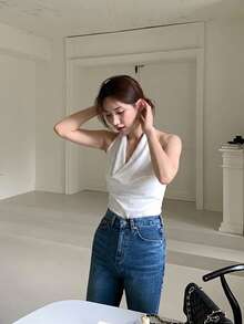 DAZY Summer Sexy Solid Color Cowl Neck Backless Halter Top - White - View 7