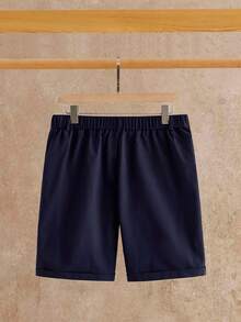 HIMLAND Men's Woven Solid Color Short Mid-Waist Slim Straight Leg Shorts, Knee Length Inseam, Suitable For Daily Wear, Spring/Summer - Navy Blue - View 4